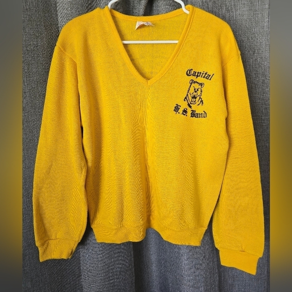 Vtg 1970s Creslan & Rayon Yellow Gold Varsity Sweater Marching Band V Neck Sz M